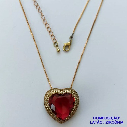 GARGANTILHA NO BRUTO PRONTA PARA O BANHO(CX101) CORRENTE VENEZIANA DE 45CM  PEDRA DE ZIRCÔNIA VERMELHA FORMATO CORAÇÃO E MICRO ZIRCÔNIAS 24MM  - PESO TOTAL 9,5GR  - BRU13988
