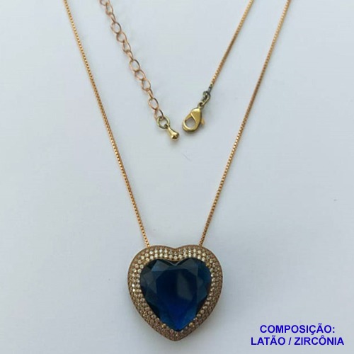 GARGANTILHA NO BRUTO PRONTA PARA O BANHO(CX101) CORRENTE VENEZIANA DE 45CM  PEDRA DE ZIRCÔNIA AZUL ESCURO FORMATO CORAÇÃO E MICRO ZIRCÔNIAS 24MM  - PESO TOTAL 9,5GR  - BRU13990