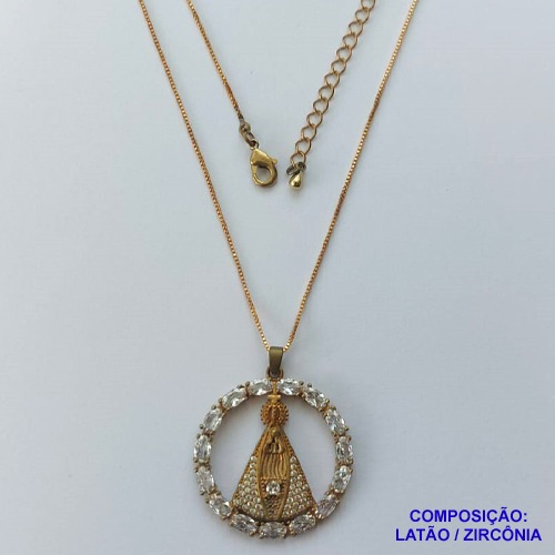 GARGANTILHA NO BRUTO PRONTA PARA O BANHO(CX103) -  CORRENTE VENEZIANA DE 45CM PINGENTE NOSSA SENHORA APARECIDA COM ZIRCÔNIAS 29MM  - PESO TOTAL 7,3GR  - BRU13992