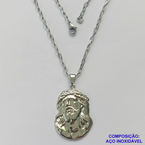GARGANTILHA EM AÇO INOXIDÁVEL(CX101) - GARGANTILHA COM CORRENTE 50CM (AÇO13) E FECHO LAGOSTA - PINGENTE JESUS CRISTO 27X35MM (E1171) - COMPOSIÇÃO: AÇO INOXIDÁVEL - AÇO1741
