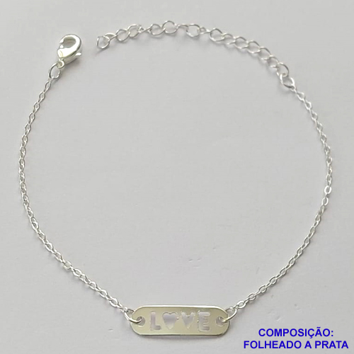 PULSEIRA FOLHEADA A PRATA COM 50 MILÉSIMOS + VERNIZ DIAMOND - PULSEIRA COM PLAQUINHA COM PALAVRA LOVE - TAMANHO: 16CM + EXTENSOR E FECHO LAGOSTA - PRA105