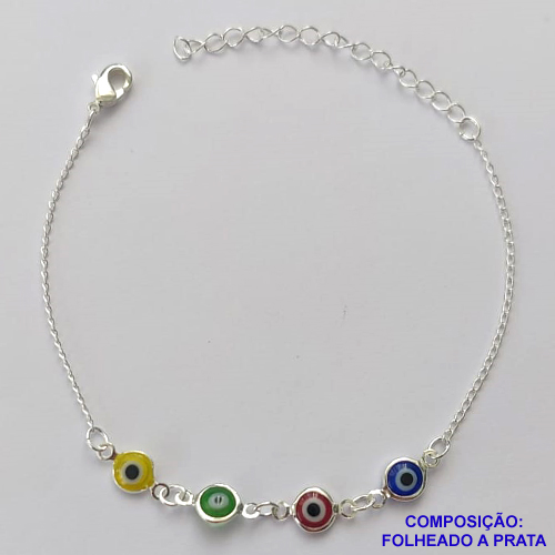PULSEIRA FOLHEADA A PRATA COM 50 MILÉSIMOS + VERNIZ DIAMOND - PULSEIRA COM OLHOS GREGOS  - TAMANHO: 16CM + EXTENSOR E FECHO LAGOSTA - PRA107