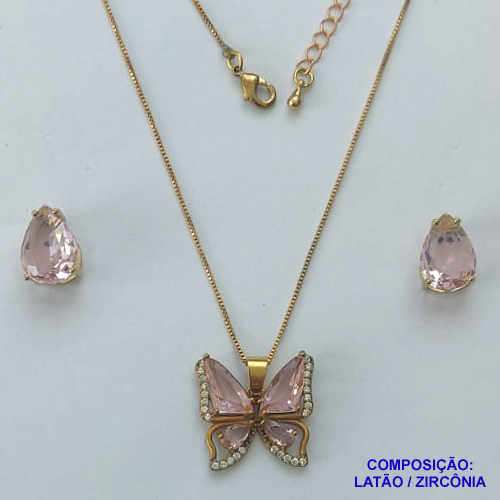 CONJUNTO NO BRUTO PRONTO PARA O BANHO(CX101) - CONJUNTO COM CORRENTE VENEZIANA 45CM + EXTENSOR COM PINGENTE BORBOLETA ROSA CRAVEJADA EM MICROS ZIRCÔNIAS - PESO TOTAL 8,4GR - BRU13997