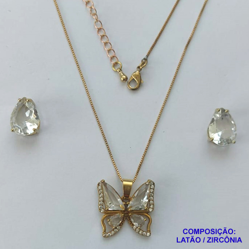 CONJUNTO NO BRUTO PRONTO PARA O BANHO(CX101) - CONJUNTO COM CORRENTE VENEZIANA 45CM + EXTENSOR COM PINGENTE BORBOLETA CRISTAL CRAVEJADA EM MICROS ZIRCÔNIAS - PESO TOTAL 8,4GR - BRU14000