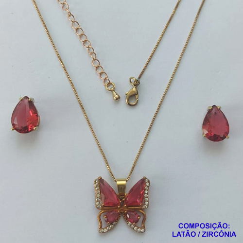 CONJUNTO NO BRUTO PRONTO PARA O BANHO(CX101) - CONJUNTO COM CORRENTE VENEZIANA 45CM + EXTENSOR COM PINGENTE BORBOLETA ROSA CRAVEJADA EM MICROS ZIRCÔNIAS - PESO TOTAL 8,4GR - BRU14001