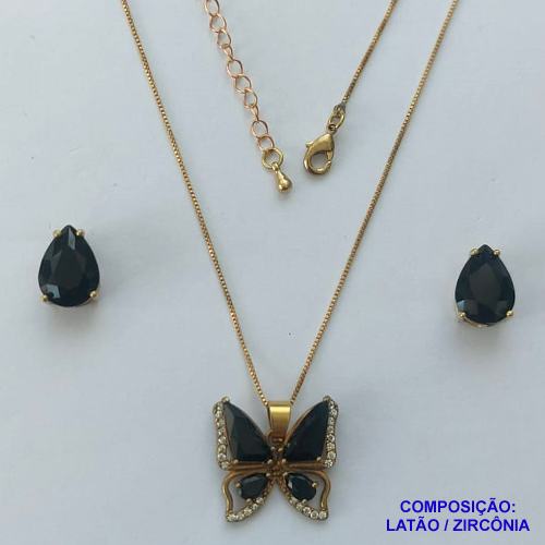 CONJUNTO NO BRUTO PRONTO PARA O BANHO(CX101) - CONJUNTO COM CORRENTE VENEZIANA 45CM + EXTENSOR COM PINGENTE BORBOLETA PRETO CRAVEJADA EM MICROS ZIRCÔNIAS - PESO TOTAL 8,4GR - BRU14002