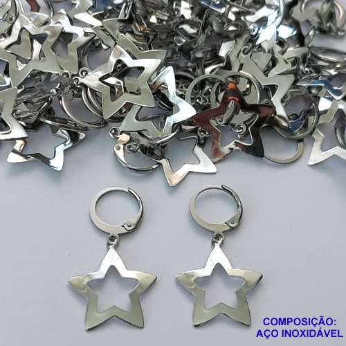 BRINCO EM AÇO INOXIDÁVEL(E0880) (CX102) - BRINCOS ARGOLAS DE PRESSÃO COM PINGENTE ESTRELA VAZADA 17MM - COMPOSIÇÃO: AÇO INOXIDÁVEL - AÇO1743