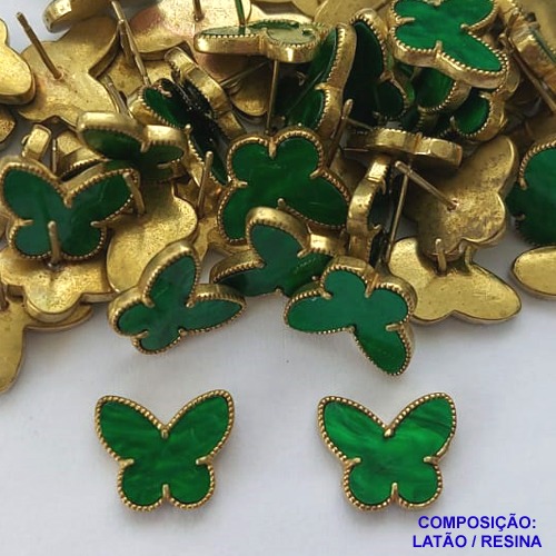 BRINCO NO BRUTO PRONTO PARA O BANHO(CX103) - BRINCO DE PINO TIPO VAN CLEEF BORBOLETA VERDE 12MM - PESO: 2,6GR - COMPOSIÇÃO LATÃO E RESINA - BRU14009