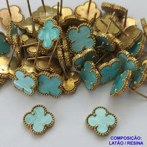 BRINCO NO BRUTO PRONTO PARA O BANHO(CX103) - BRINCO DE PINO TIPO VAN CLEEF VERDE CLARO 10MM - PESO: 1,0GR - COMPOSIÇÃO LATÃO E RESINA - BRU14010
