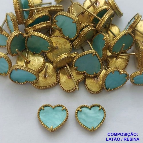 BRINCO NO BRUTO PRONTO PARA O BANHO(CX103) - BRINCO DE PINO TIPO VAN CLEEFF CORAÇÃO VERDE 10MM - PESO: 1,0GR - COMPOSIÇÃO LATÃO E RESINA - BRU14013