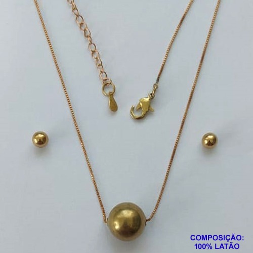 CONJUNTO NO BRUTO PRONTO PARA O BANHO  -  (CX103) GARGANTILHA  COM CORRENTE VENEZIANA DE 45CM PINGENTE BOLA LISA 12MM  - BRINCO DE PINO BOLINHA LISA 4MM - PESO TOTAL: 4,8GR - BRU14023
