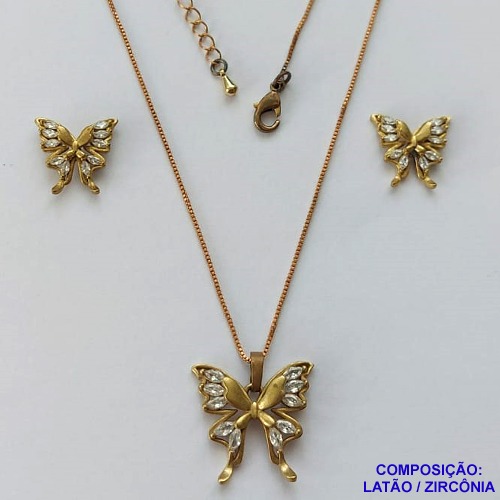 CONJUNTO NO BRUTO PRONTO PARA O BANHO(CX103)  - GARGANTILHA  COM CORRENTE VENEZIANA DE 45CM PINGENTE BORBOLETA COM ZIRCÔNIAS 19MM  - BRINCO DE PINO BORBOLETA COM ZIRCÔNIAS 12MM - PESO TOTAL: 4,8GR - BRU14024