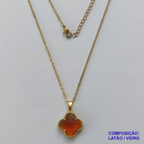 GARGANTILHA NO BRUTO PRONTO PARA O BANHO - CORRENTE CADEADO 45CM + EXTENSOR - E PINGENTE TIPO VAN CLEEF VIDRO MARROM 15MM - PESO TOTAL 3GR - BRU14027