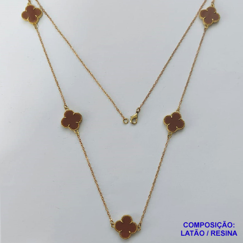 GARGANTILHA NO BRUTO PRONTO PARA O BANHO - CORRENTE 60CM COM PINGENTES TIPO VAN CLEEF MARROM 15MM - PESO TOTAL 6,6GR - COMPOSIÇÃO: LATÃO / RESINA - BRU14029