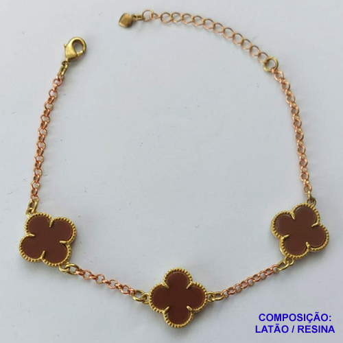 PULSEIRA NO BRUTO PRONTO PARA O BANHO - PULSEIRA COM CORRENTE 17CM + EXTENSOR COM PINGENTES TIPO VAN CLEEF MARROM 15MM - PESO TOTAL 4,5GR - COMPOSIÇÃO: LATÃO / RESINA - BRU14031