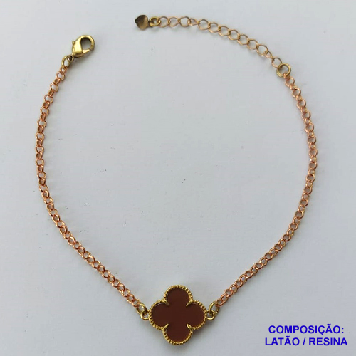 PULSEIRA NO BRUTO PRONTO PARA O BANHO - PULSEIRA COM CORRENTE 17CM + EXTENSOR COM PINGENTE TIPO VAN CLEEF MARROM 15MM - PESO TOTAL 2,8GR - COMPOSIÇÃO: LATÃO / RESINA - BRU14032