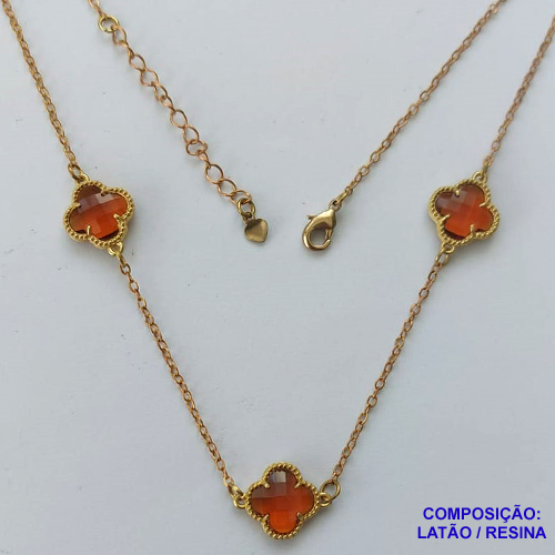 GARGANTILHA NO BRUTO PRONTO PARA O BANHO - CORRENTE 50CM + EXTENSOR COM PINGENTES TIPO VAN CLEEF VIDRO MARROM 10MM - PESO TOTAL 3,6GR - COMPOSIÇÃO: LATÃO / VIDRO - BRU14034