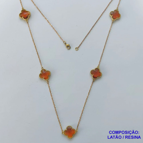 GARGANTILHA NO BRUTO PRONTO PARA O BANHO - CORRENTE 60CM COM PINGENTES TIPO VAN CLEEF VIDRO MARROM 15MM - PESO TOTAL 8,8GR - COMPOSIÇÃO: LATÃO / VIDRO - BRU14037