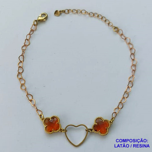 PULSEIRA NO BRUTO PRONTO PARA O BANHO - PULSEIRA 17CM + EXTENSOR COM PINGENTES TIPO VAN CLEEF VIDRO MARROM 15MM E CORAÇÃO VAZADO - PESO TOTAL 3GR - COMPOSIÇÃO: LATÃO / VIDRO - BRU14039