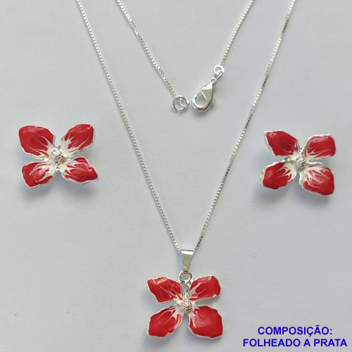 CONJUNTO FOLHEADO A PRATA COM 50 MILÉSIMOS + VERNIZ DIAMOND - CONJUNTO COM CORRENTE VENEZIANA 45CM -BRINCOS DE PINO E PINGENTES EM FLORES ESMALTADAS VERMELHA 16X19MM - PRA110