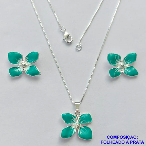 CONJUNTO FOLHEADO A PRATA COM 50 MILÉSIMOS + VERNIZ DIAMOND - CONJUNTO COM CORRENTE VENEZIANA 45CM -BRINCOS DE PINO E PINGENTES EM FLORES ESMALTADAS VERDE 16X19MM - PRA111