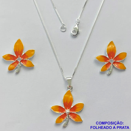 CONJUNTO FOLHEADO A PRATA COM 50 MILÉSIMOS + VERNIZ DIAMOND - CONJUNTO COM CORRENTE VENEZIANA 45CM - BRINCOS DE PINO E PINGENTES EM FLORES ESMALTADAS LARANJA 21X23MM - PRA115