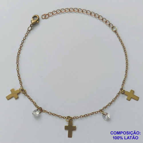 PULSEIRA NO BRUTO PRONTO PARA O BANHO - (CX.50)  PULSEIRA 18CM COM STRASS E CRUCIFIXOS - PESO TOTAL 1,8GR - COMPOSIÇÃO: 100% LATÃO - BRU14041