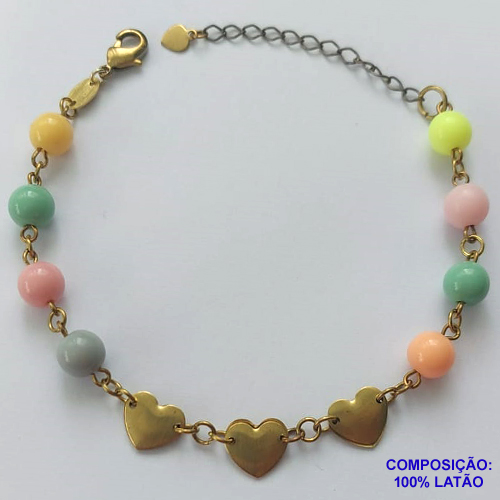 PULSEIRA NO BRUTO PRONTO PARA O BANHO(CX110) - PULSEIRA 18CM + EXTENSOR COM BOLINHAS COLORIDAS E CORAÇÕES - PESO TOTAL 5,6GR - COMPOSIÇÃO: 100% LATÃO - BRU14042