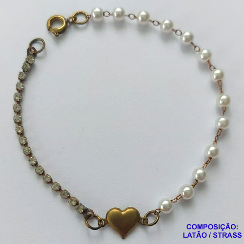 PULSEIRA NO BRUTO PRONTO PARA O BANHO(CX106) - PULSEIRA 18CM COM PÉROLAS , CORAÇÃO E STRASS - PESO TOTAL 1,6GR - COMPOSIÇÃO: 100% LATÃO - BRU14043