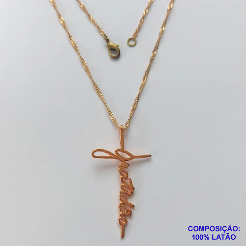 GARGANTILHA NO BRUTO PRONTO PARA O BANHO(CX105) - GARGANTILHA COM CORRENTE SINGAPURA 45CM E PINGENTE CRUCIFIXO COM PALAVRA GRATIDÃO - PESO TOTAL 3,5GR - COMPOSIÇÃO: 100% LATÃO - BRU14044