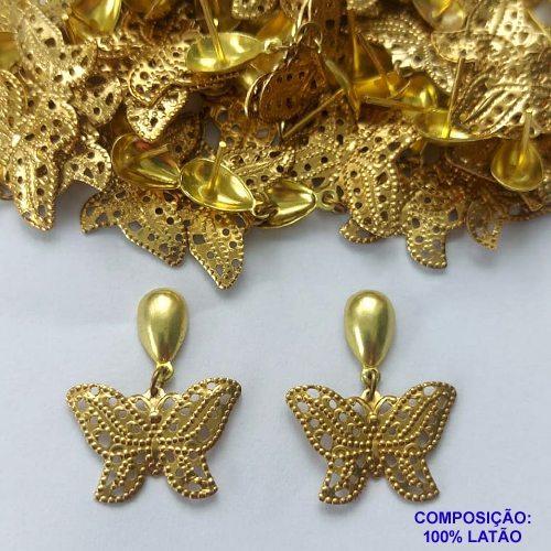 BRINCO NO BRUTO PRONTO PARA O BANHO(CX107) - BRINCO DE PINO COM PINGENTE BORBOLETA VAZADA 15X21MM - PESO TOTAL 2,1GR - COMPOSIÇÃO: 100% LATÃO - BRU14045