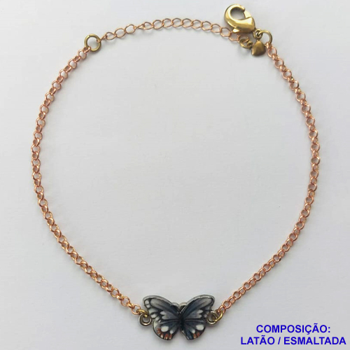 PULSEIRA NO BRUTO PRONTO PARA O BANHO(CX107) - PULSEIRA CORRENTE ELO PORTUGUÊS 18CM + EXTENSOR - PINGENTE BORBOLETA ESMALTADA CINZA 11X18MM- COMPOSIÇÃO LATÃO / ESMALTADO - PESO: 4,5GR  BRU14053