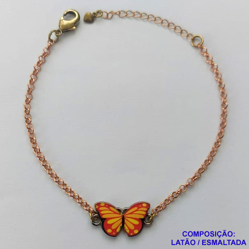 PULSEIRA NO BRUTO PRONTO PARA O BANHO(CX107) - PULSEIRA CORRENTE ELO PORTUGUÊS 18CM + EXTENSOR - PINGENTE BORBOLETA ESMALTADA AMARELA/VERMELHA  11X18MM - COMPOSIÇÃO LATÃO / ESMALTADO - PESO: 4,5GR  BRU14054