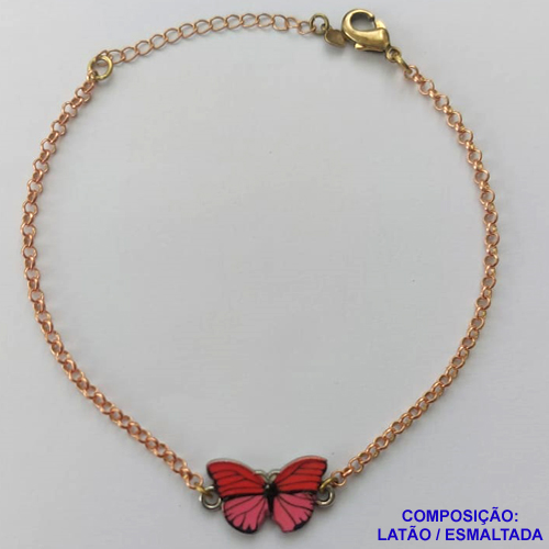 PULSEIRA NO BRUTO PRONTO PARA O BANHO(CX107) - PULSEIRA CORRENTE ELO PORTUGUÊS 18CM + EXTENSOR - PINGENTE BORBOLETA ESMALTADA ROSA/VERMELHA 11X18MM - COMPOSIÇÃO LATÃO / ESMALTADO - PESO: 4,5GR  BRU14055