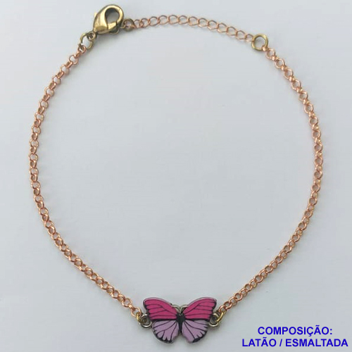 PULSEIRA NO BRUTO PRONTO PARA O BANHO(CX107) - PULSEIRA CORRENTE ELO PORTUGUÊS 18CM + EXTENSOR - PINGENTE BORBOLETA ESMALTADA ROSA/LILÁS 11X18MM - COMPOSIÇÃO LATÃO / ESMALTADO - PESO: 4,5GR  BRU14056