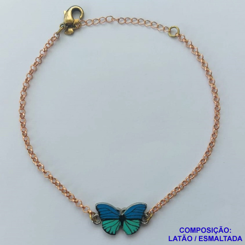 PULSEIRA NO BRUTO PRONTO PARA O BANHO - PULSEIRA CORRENTE ELO PORTUGUÊS 18CM + EXTENSOR - PINGENTE BORBOLETA ESMALTADA AZUL/VERDE 11X18MM - COMPOSIÇÃO LATÃO / ESMALTADO - PESO: 4,5GR  BRU14057
