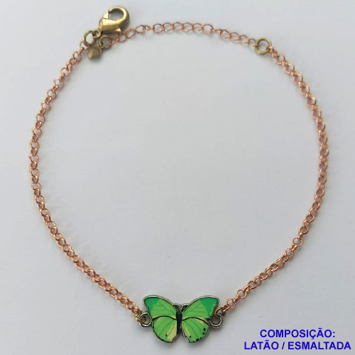 PULSEIRA NO BRUTO PRONTO PARA O BANHO - PULSEIRA CORRENTE ELO PORTUGUÊS 18CM + EXTENSOR - PINGENTE BORBOLETA ESMALTADA VERDE 11X18MM - COMPOSIÇÃO LATÃO / ESMALTADO - PESO: 4,5GR  BRU14058