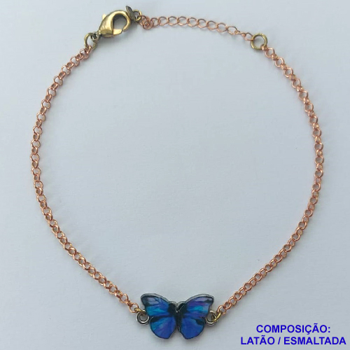 PULSEIRA NO BRUTO PRONTO PARA O BANHO - PULSEIRA CORRENTE ELO PORTUGUÊS 18CM + EXTENSOR - PINGENTE BORBOLETA ESMALTADA AZUL 11X18MM - COMPOSIÇÃO LATÃO / ESMALTADO - PESO: 4,5GR  BRU14059