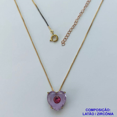 GARGANTILHA NO BRUTO PRONTA PARA O BANHO(CX105) CORRENTE VENEZIANA 45CM + EXTENSOR - BASE ALTA FUSÃO COM ZIRCÔNIA CORAÇÃO LILÁS E ROSA 13MM - PESO TOTAL 4GR - BRU14061