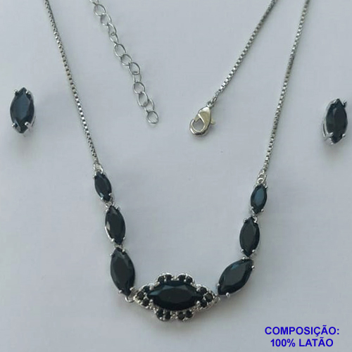 CONJUNTO NO BRUTO PRONTO PARA O BANHO(CX105) - CONJUNTO COM SHOCKER CRAVEJADO EM ZIRCÔNIAS NEGRAS 30CM + EXTENSOR E BRINCOS DE PINO COM ZIRCÔNIAS - COMPOSIÇÃO: LATÃO / ZIRCÔNIA - PESO: 9GR - BRU14064