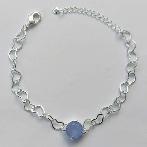 PULSEIRA FOLHEADA A PRATA COM 50 MILÉSIMOS + VERNIZ DIAMOND - CORRENTE CORAÇÃO 17CM + EXTENSOR E FECHO LAGOSTA - PINGENTE EM ZIRCÔNIA AZUL 9MM - PRA144