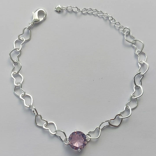 PULSEIRA FOLHEADA A PRATA COM 50 MILÉSIMOS + VERNIZ DIAMOND - CORRENTE CORAÇÃO 17CM + EXTENSOR E FECHO LAGOSTA - PINGENTE EM ZIRCÔNIA ROSA 9MM - PRA149
