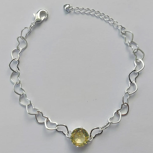 PULSEIRA FOLHEADA A PRATA COM 50 MILÉSIMOS + VERNIZ DIAMOND - CORRENTE CORAÇÃO 17CM + EXTENSOR E FECHO LAGOSTA - PINGENTE EM ZIRCÔNIA AMARELO 9MM - PRA150