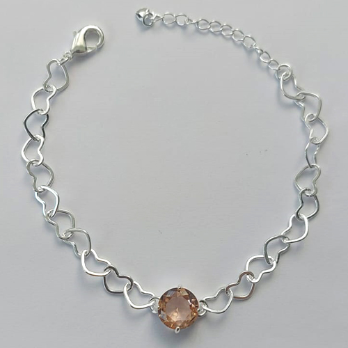 PULSEIRA FOLHEADA A PRATA COM 50 MILÉSIMOS + VERNIZ DIAMOND - CORRENTE CORAÇÃO 17CM + EXTENSOR E FECHO LAGOSTA - PINGENTE EM ZIRCÔNIA SALMÃO 9MM - PRA153