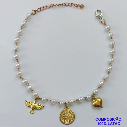 PULSEIRA PRONTA PARA O BANHO(CX105) - PULSEIRA COM PÉROLAS E MEDALHAS - TAMANHO 18CM - PESO TOTAL 2,6GR - BRU14072