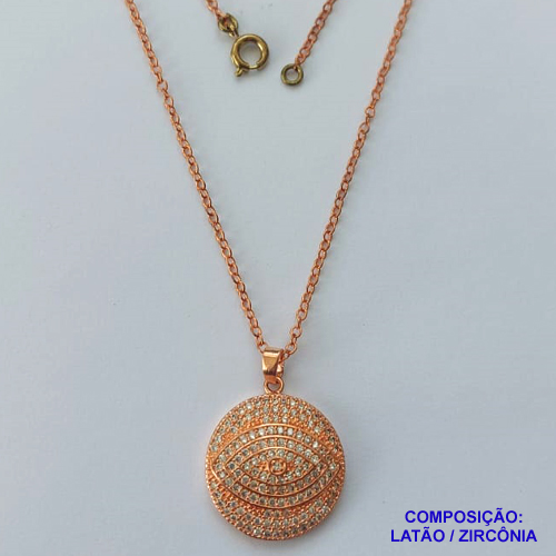 GARGANTILHA NO BRUTO PRONTO PARA O BANHO(CX105) - GARGANTILHA COM CORRENTE 45CM E PINGENTE OLHO GREGO CRAVEJADO EM MICROS ZIRCÔNIAS 20MM - COMPOSIÇÃO: LATÃO / ZIRCÔNIA - PESO TOTAL 4,9GR - BRU14074