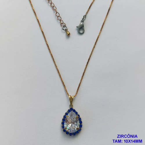 GARGANTILHA NO BRUTO PRONTO PARA O BANHO(CX105) - CORRENTE VENEZIANA 45CM + EXTENSOR E FECHO LAGOSTA - PINGENTE COM BASE CRAVEJADA EM CRISTAIS AZUIS E ZIRCÔNIA CRISTAL 10X14MM - PESO TOTAL 6,2GR - BRU14078