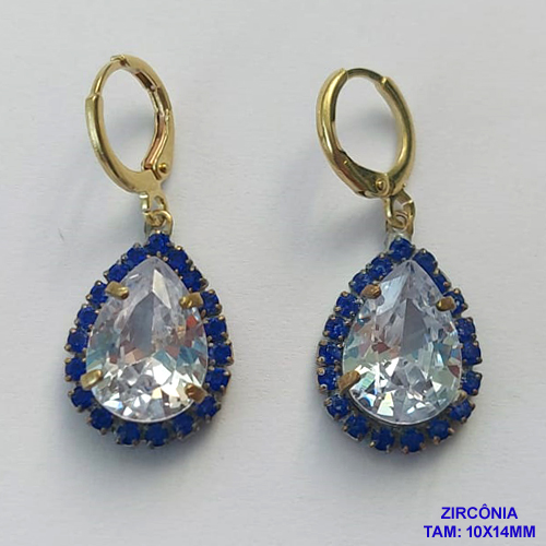 BRINCO NO BRUTO PRONTO PARA O BANHO(CX105) - BRINCO AGOLINHA DE PRESSÃO (TRANQUETA) PINGENTE COM BASE CRAVEJADA EM CRISTAIS AZUIS E ZIRCÔNIA CRISTAL 10X14MM - PESO TOTAL 6,3GR - BRU14080