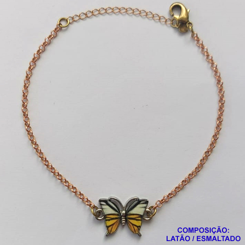 PULSEIRA NO BRUTO PRONTO PARA O BANHO - (CX.46) PULSEIRA CORRENTE ELO PORTUGUÊS 18CM + EXTENSOR - PINGENTE BORBOLETA ESMALTADA BRANCA / AMARELA 11X18MM - COMPOSIÇÃO LATÃO / ESMALTADO - PESO: 4,5GR  BRU14081
