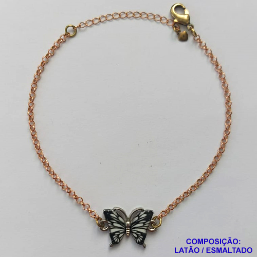 PULSEIRA NO BRUTO PRONTO PARA O BANHO - (CX.46)  PULSEIRA CORRENTE ELO PORTUGUÊS 18CM + EXTENSOR - PINGENTE BORBOLETA ESMALTADA BRANCA / PRETA 11X18MM - COMPOSIÇÃO LATÃO / ESMALTADO - PESO: 4,5GR  BRU14082